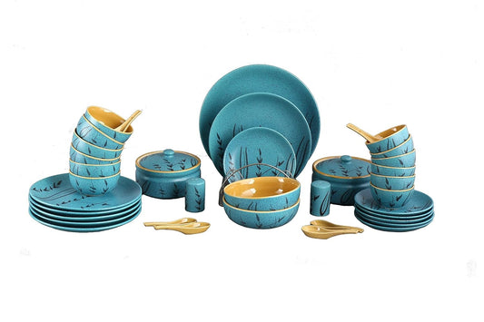 Caffeine Ceramic Handmade Golden Turquoise Dinner Set (37 pieces - Microwave & Dishwasher Safe) - Caffeine Premium Stoneware