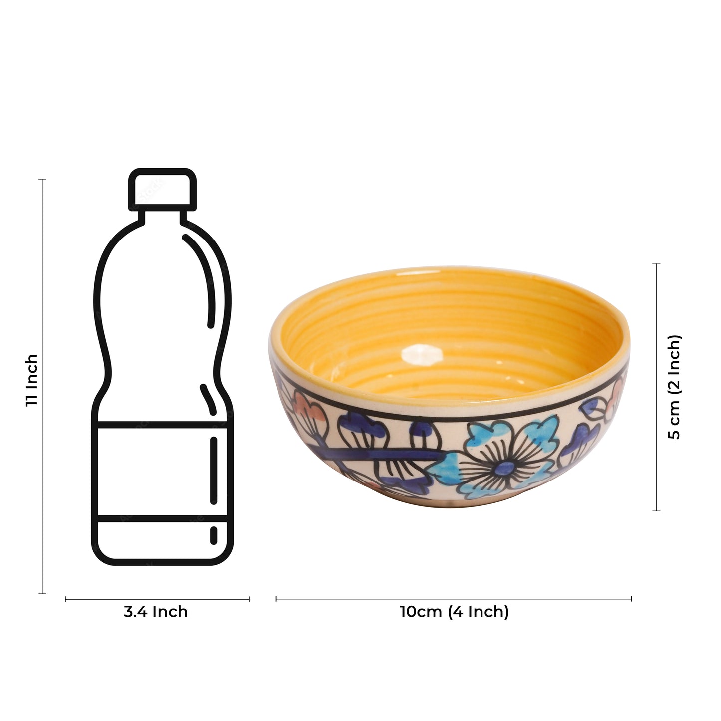 Caffeine Ceramic Handmade Royal Blue & Yellow Flowra Print Katori Bowls (200 ml, Set of 6) - Caffeine Premium Stoneware