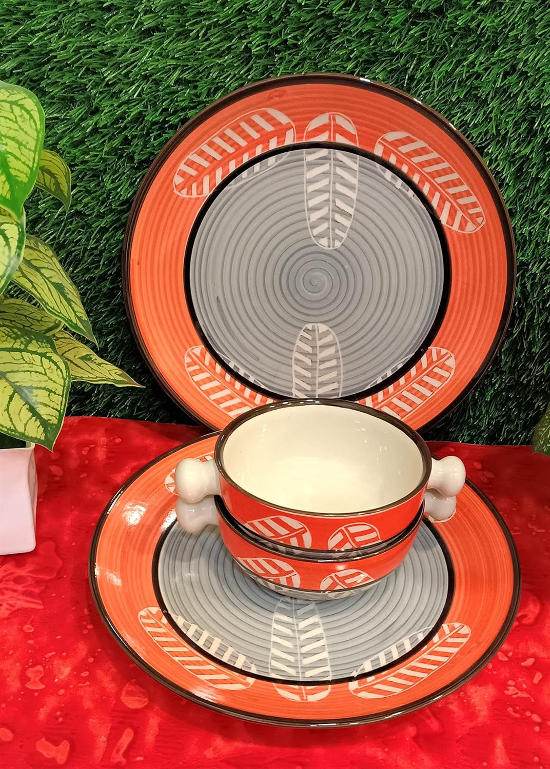 Caffeine Ceramic Handmade Orange & Grey Combo Dinner Set (set of 4)