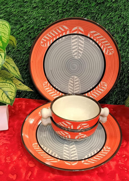 Caffeine Ceramic Handmade Orange & Grey Combo Dinner Set (set of 4)