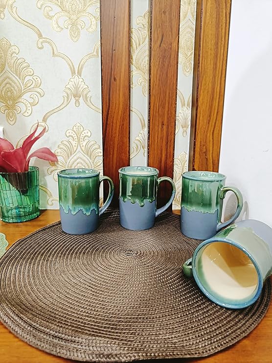 Caffeine Ceramic Handmade Grey & Green Coffee Mug Set (set of 4) - Caffeine Premium Stoneware