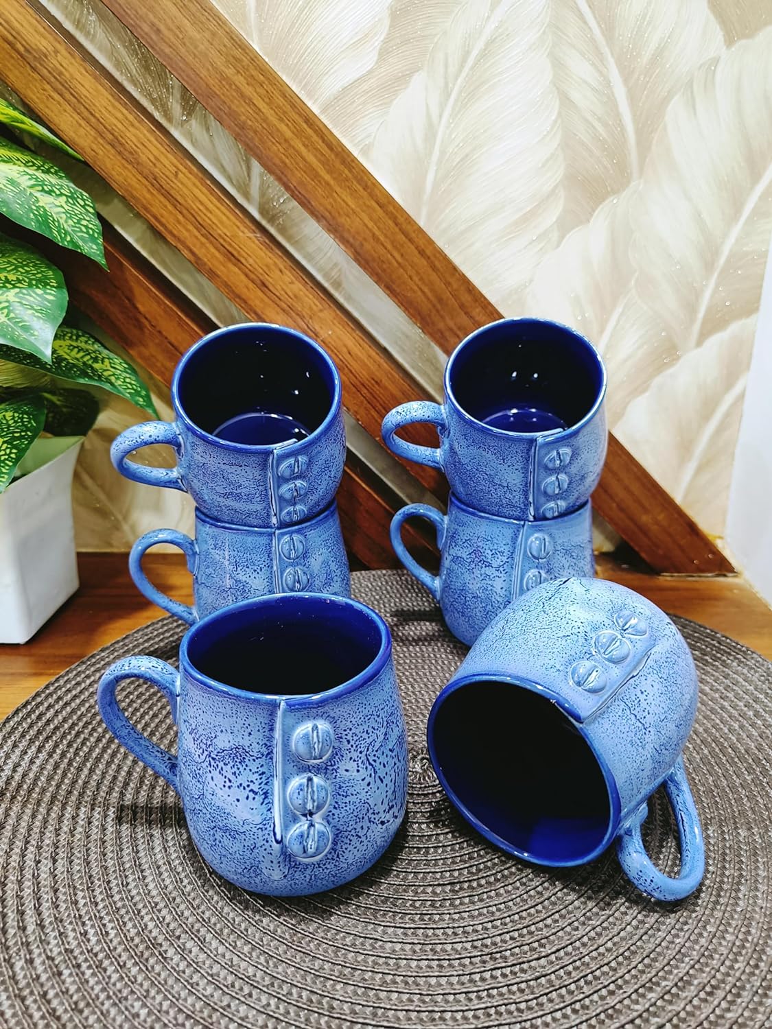 Caffeine Ceramic Handmade Blue Buttoned Tea Cup set of 2 - Caffeine Premium Stoneware