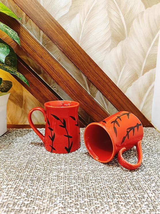 Caffeine Ceramic Handmade Red Bamboo Coffee Mug (Set of 2) - Caffeine Premium Stoneware