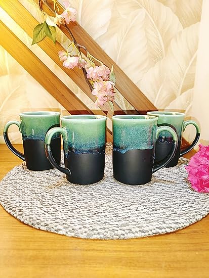 Caffeine Ceramic Handmade Coal Mint Cup Set Black & Green - Set of 4 - Caffeine Premium Stoneware