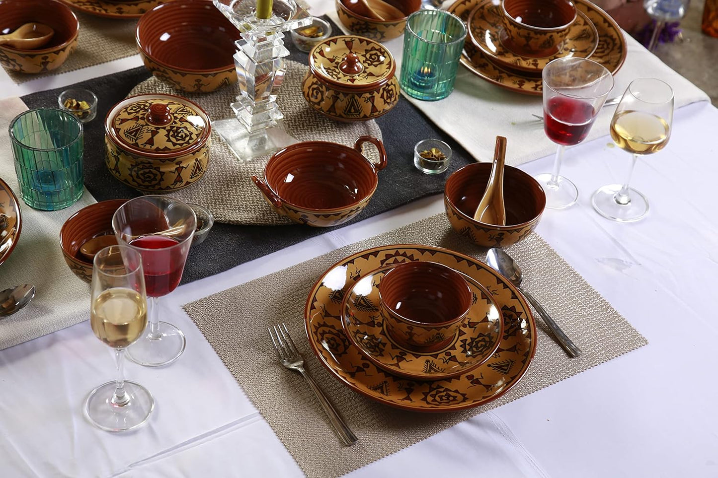 Caffeine Ceramic Handmade Mustard Romani Dinner Set (Set of 19)