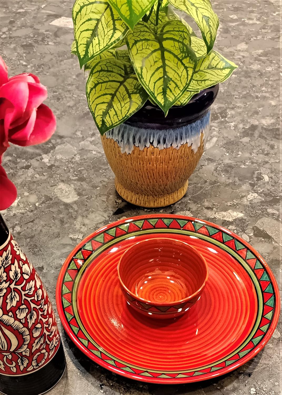 Caffeine Ceramic Handmade Red & Green Tribal Combo Dinner Set (2 pcs)