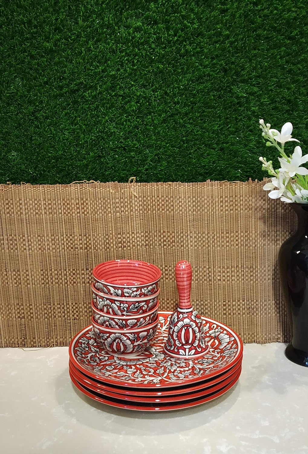 Caffeine Premium Ceramic Handmade Red Mughal Combo Dinner Set (9 pcs.)