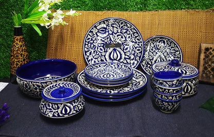 Caffeine Ceramic Handmade Blue Mughal Combo Dinner Set (15 pcs. Microwave & Dishwasher Safe)