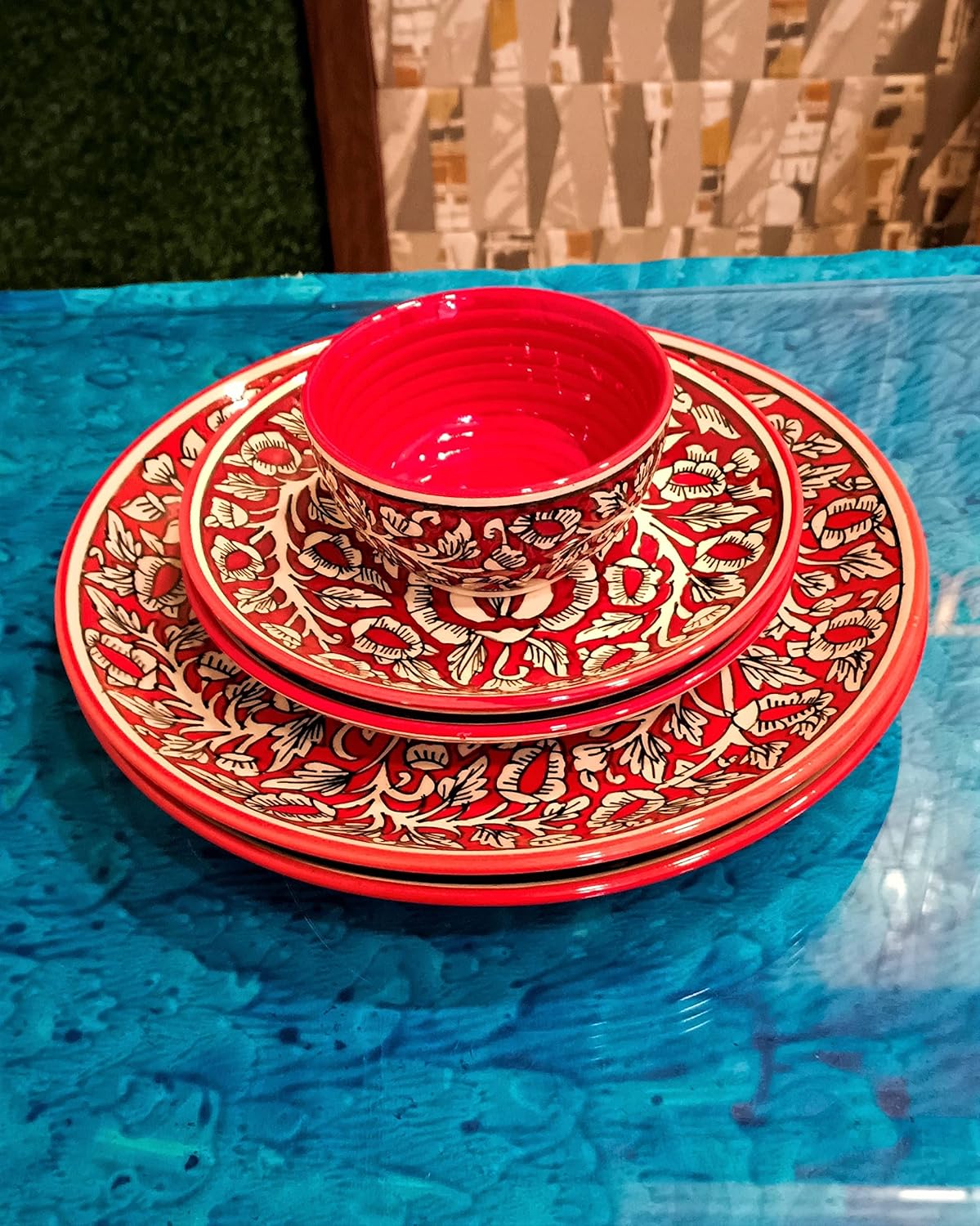 Caffeine Ceramic Handmade Red Mughal Combo Dinner Set (set of 5pcs)