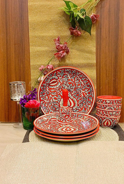 Caffeine Premium Ceramic Handmade Red Mughal Combo Dinner Set (9 pcs.)