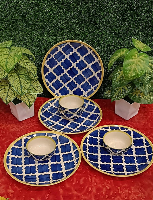 Caffeine Ceramic Handmade Blue Umrao Combo Dinner set of 8 (Microwave and Dishwasher Safe)
