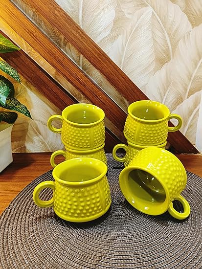 Caffeine Ceramic Handmade Green & Yellow Neon Bubble Tea Cup (Set of 6) - Caffeine Premium Stoneware