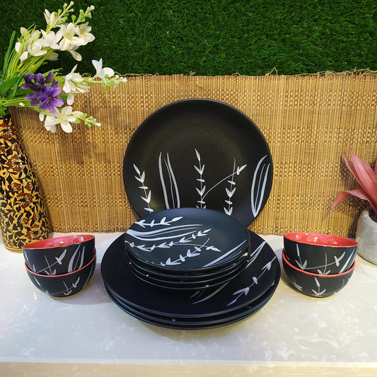 Caffeine Ceramic Handmade Black Bamboo Combo Dinner Set 12 pcs