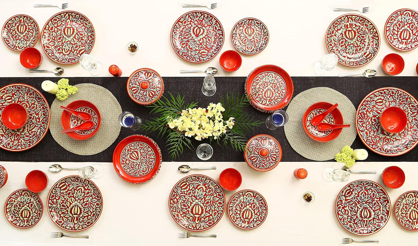 Caffeine Ceramic Handmade Red Mughal Dinner Set (37 pieces - Microwave & Dishwasher Safe) - Caffeine Premium Stoneware