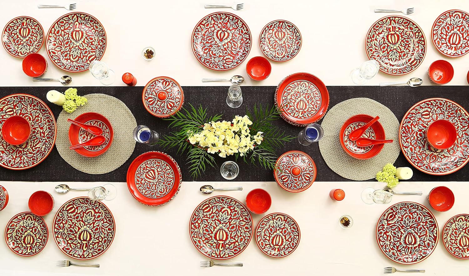 Caffeine Ceramic Handmade Red Mughal Dinner Set (37 pieces - Microwave & Dishwasher Safe) - Caffeine Premium Stoneware