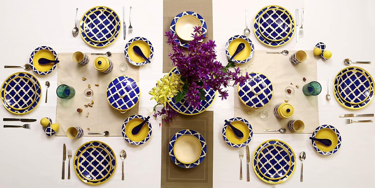 Caffeine Ceramic Handmade Blue Umrao Dinner Set (37 pieces - Microwave & Dishwasher Safe) - Caffeine Premium Stoneware