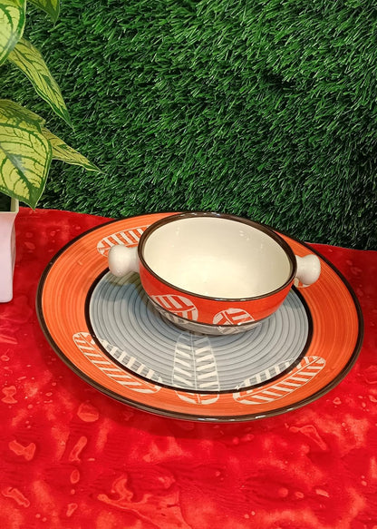 Caffeine Ceramic Handmade Orange & Grey Combo Dinner Set (set of 4)