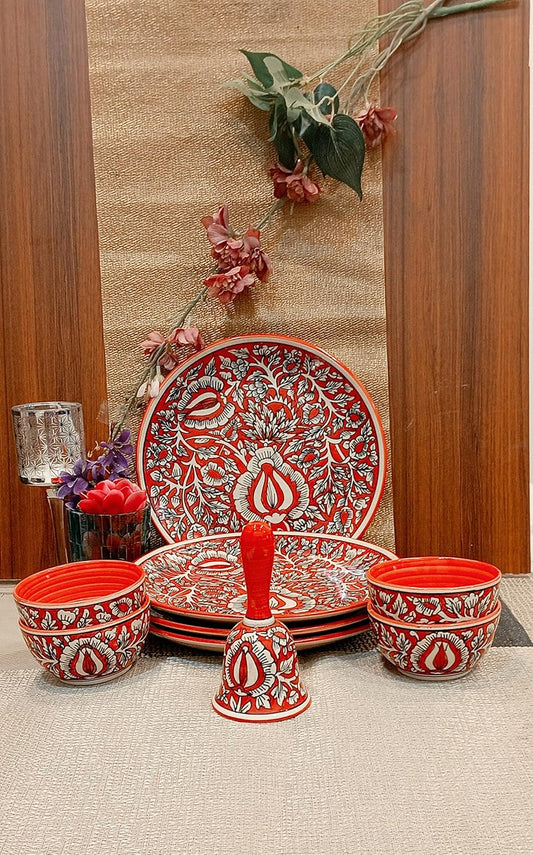 Caffeine Ceramc Handmade Red Mughal Combo Dinner Set (9 pcs.)