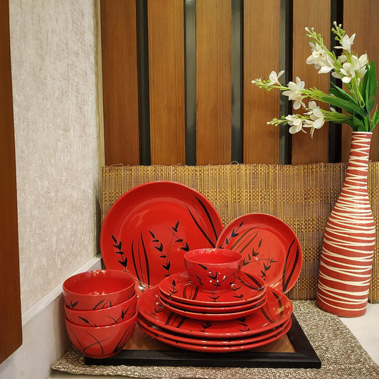Caffeine Ceramic Handmade Red Bamboo Combo Dinner Set (12 pcs.)