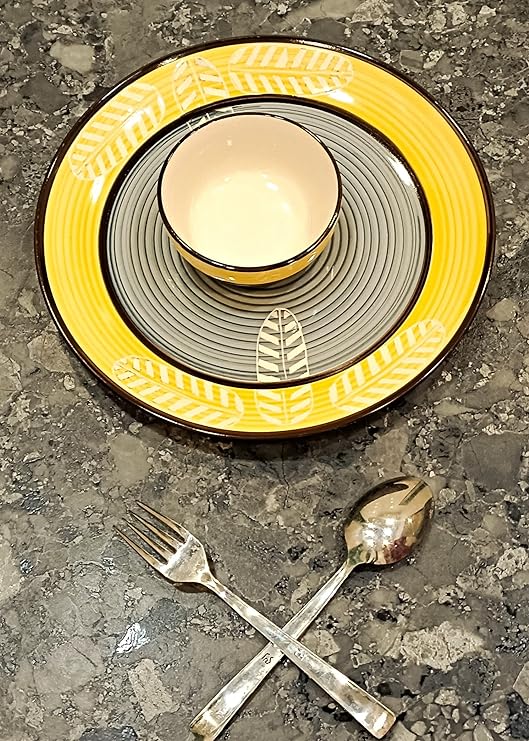 Caffeine Ceramic Handmade Yellow Leaf Combo Dinner Set of 4 - Caffeine Premium Stoneware