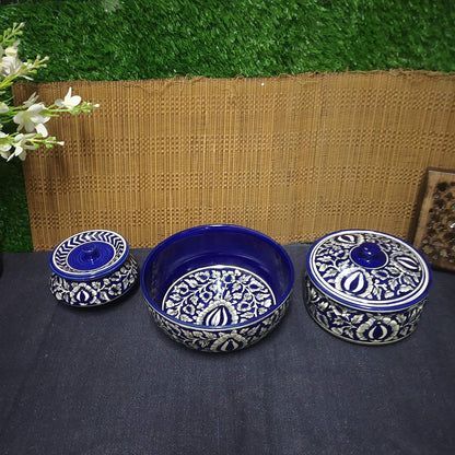 Caffeine Ceramic Handmade Blue Mughal Combo Dinner Set (15 pcs. Microwave & Dishwasher Safe)