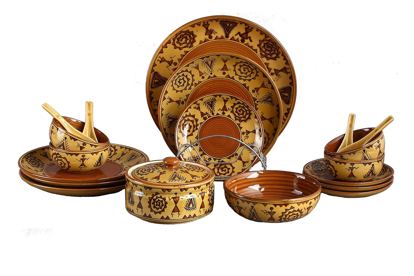 Caffeine Ceramic Handmade Mustard Romani Dinner Set (Set of 19)