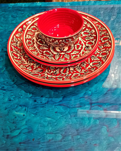 Caffeine Ceramic Handmade Red Mughal Combo Dinner Set (set of 5pcs)