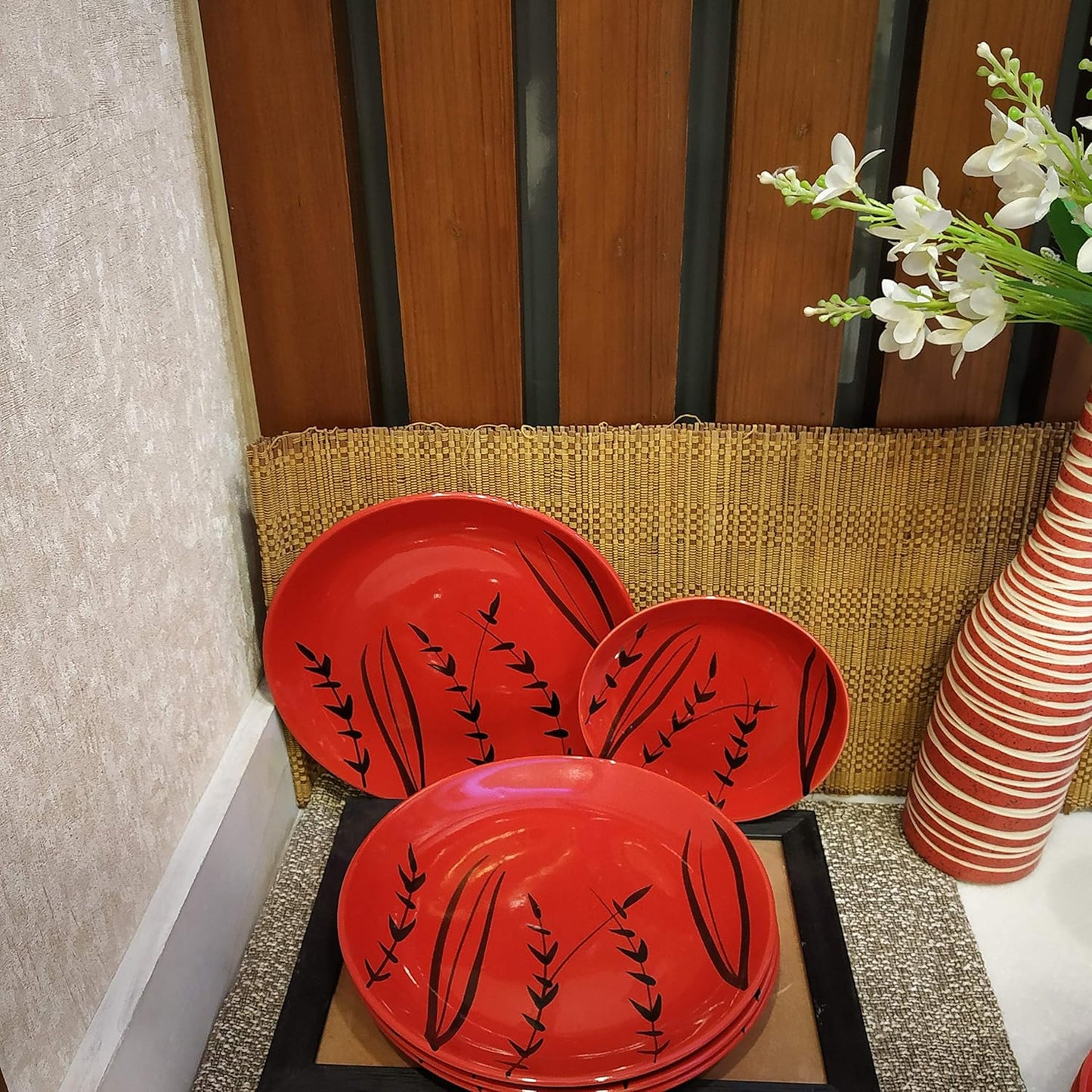 Caffeine Ceramic Handmade Red Bamboo Combo Dinner Set (12 pcs.)