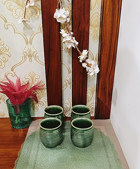 Caffeine Ceramic Handmade Green Glossy Kulhad Cups Set of 4 - Caffeine Premium Stoneware