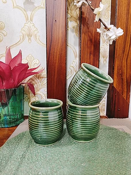 Caffeine Ceramic Handmade Green Glossy Kulhad Cups Set of 4 - Caffeine Premium Stoneware