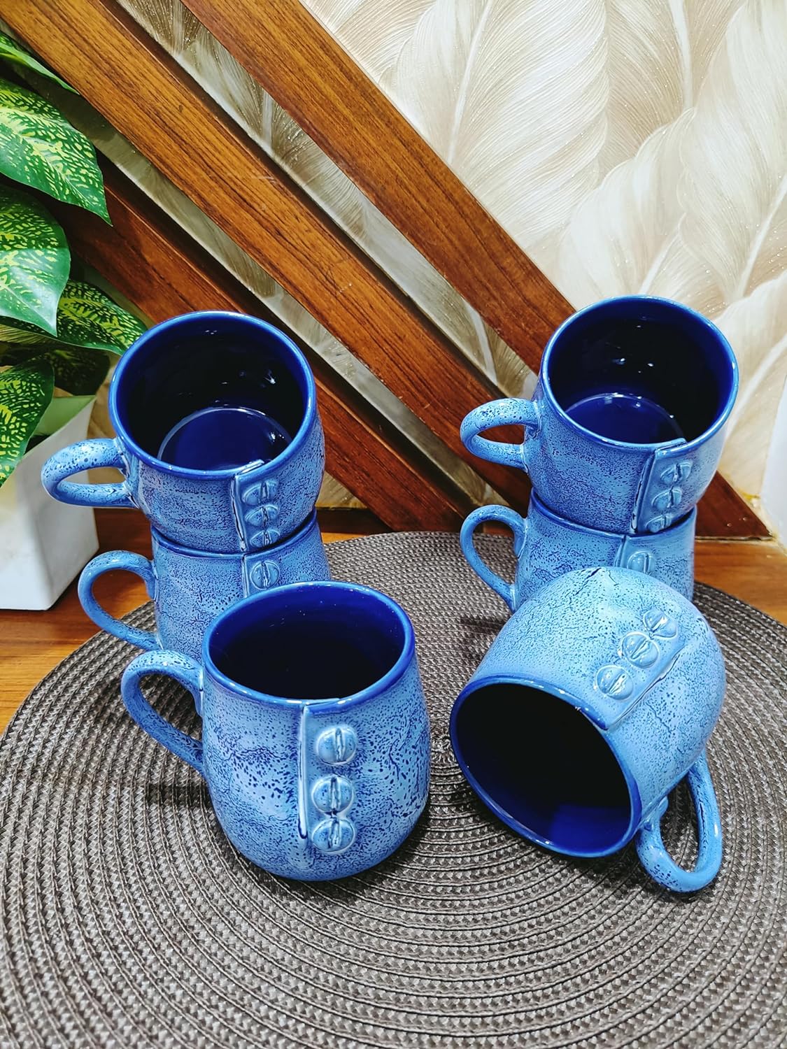 Caffeine Ceramic Handmade Blue Crackle Buttoned Tea Cup set of 4 - Caffeine Premium Stoneware