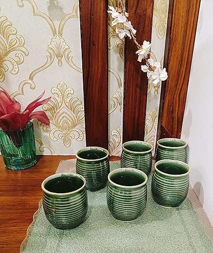 Caffeine Ceramic Handmade Green Glossy Kulhad Cups (Set of 6) - Caffeine Premium Stoneware