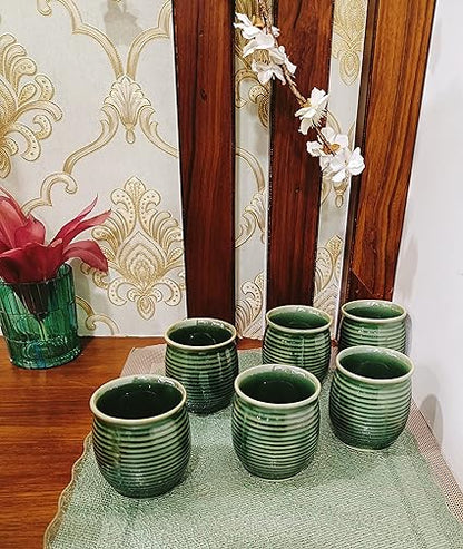 Caffeine Ceramic Handmade Green Glossy Kulhad Cups (Set of 6) - Caffeine Premium Stoneware