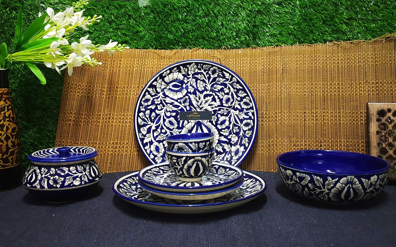 Caffeine Ceraamic Handmade Blue Mughal Combo Dinner Set (8 pcs.) - Caffeine Premium Stoneware