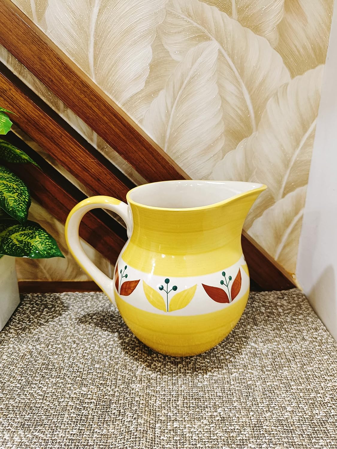 Caffeine Ceramic Handmade Stoneware Yellow Leaf Water Jug (Set of 1, 1800 ml) - Caffeine Premium Stoneware