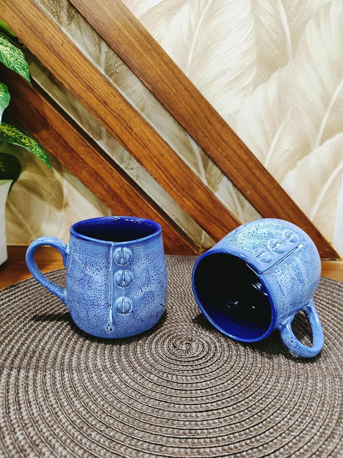 Caffeine Ceramic Handmade Blue Buttoned Tea Cup set of 2 - Caffeine Premium Stoneware