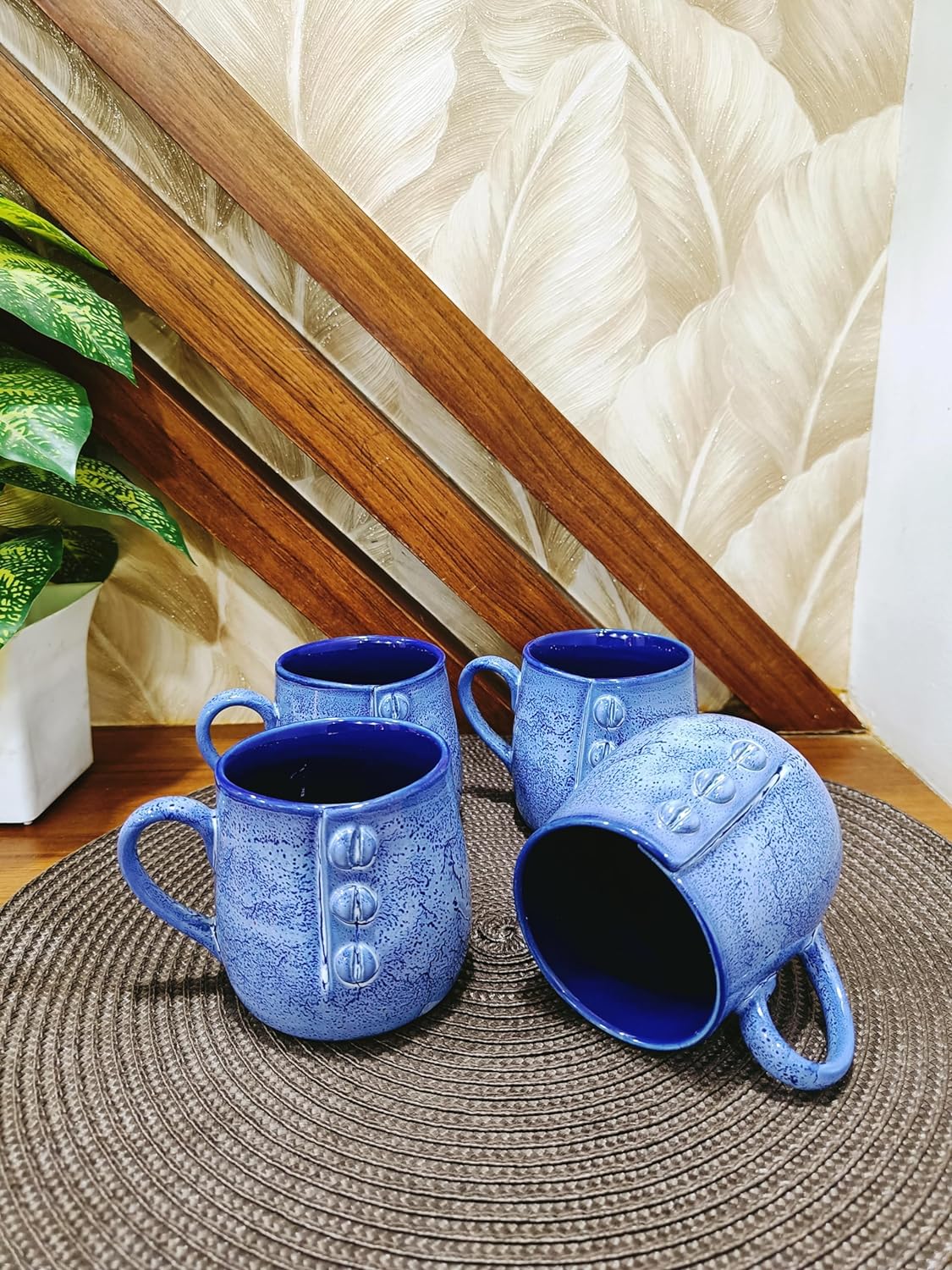 Caffeine Ceramic Handmade Blue Crackle Buttoned Tea Cup set of 4 - Caffeine Premium Stoneware