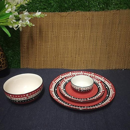 Caffeine Ceramic Handmade Red & Black Dot Combo Dinner Set of 4 Pcs - Caffeine Premium Stoneware