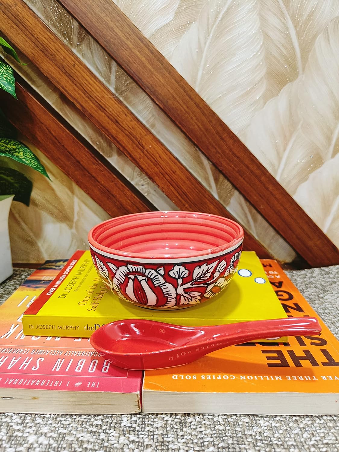 Caffeine Ceramic Handmade red Mughal Soup Bowl with Spoon Set 4 - Caffeine Premium Stoneware