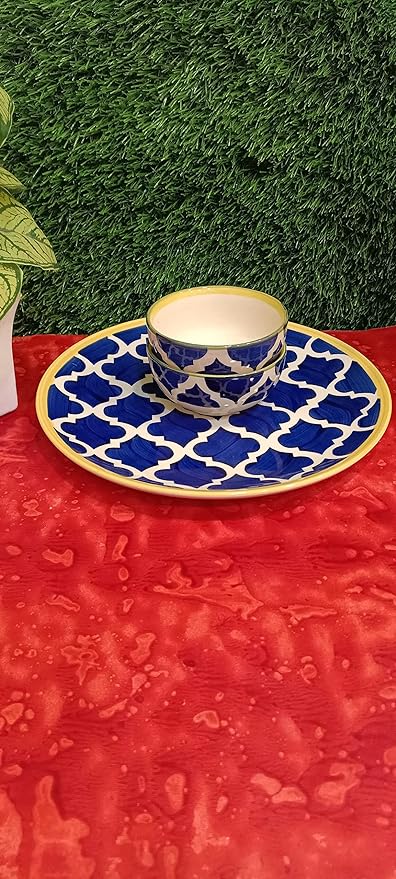 caffeine Ceramic Handmade Blue umrao Combo Dinner (Set of 3) - Caffeine Premium Stoneware