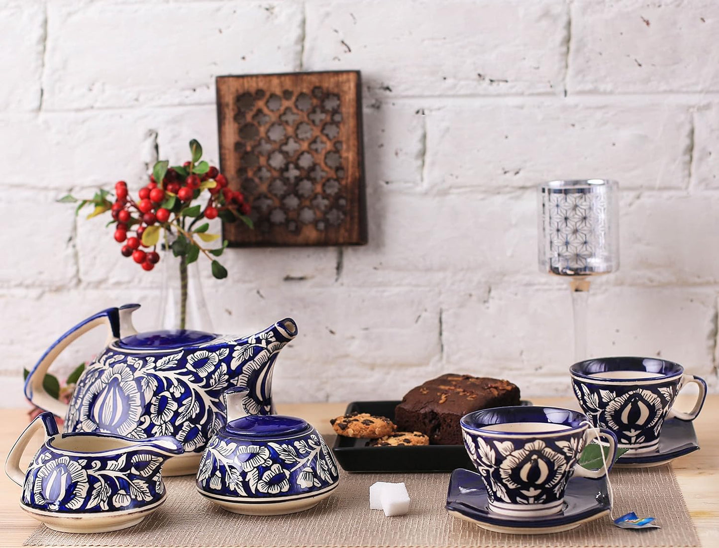 Caffeine Ceramic Handmade Stoneware Blue Mughal Tea Set of 15 - Caffeine Premium Stoneware