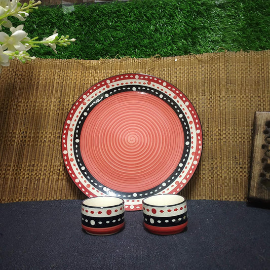 Caffeine Ceramic Handmade Red Black Dot Platter Set of 3 Pcs. (1 Dinner Plate, 2 Dip & Sauce Bowl)