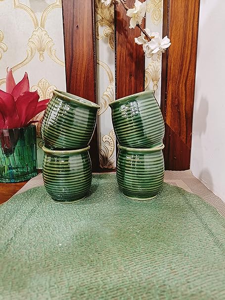 Caffeine Ceramic Handmade Green Glossy Kulhad Cups Set of 4 - Caffeine Premium Stoneware