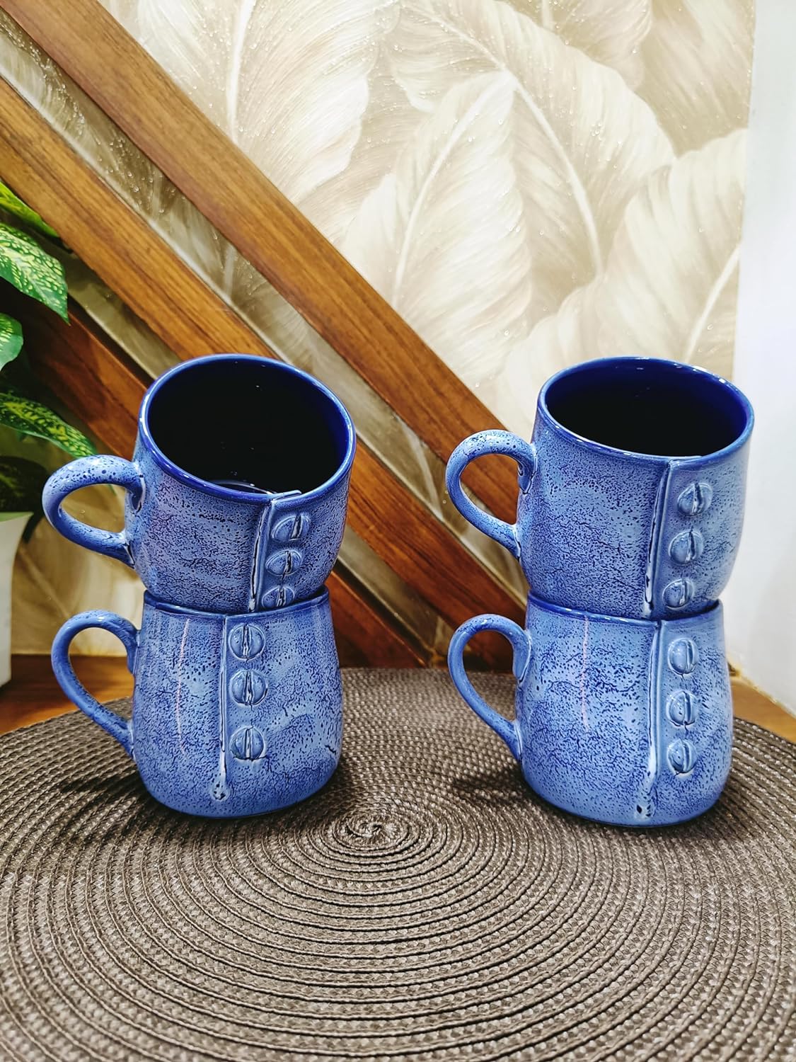 Caffeine Ceramic Handmade Blue Crackle Buttoned Tea Cup set of 4 - Caffeine Premium Stoneware