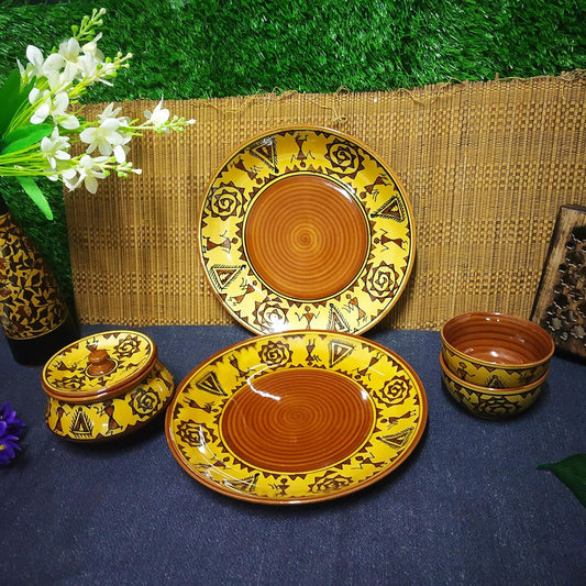 Caffeine Ceramic Handmade Mustard Romani Combo Dinner Set (5 pcs.)