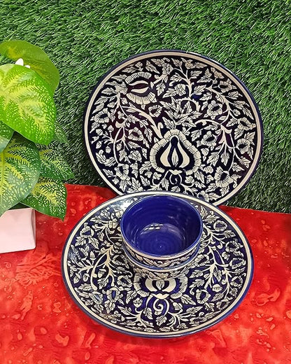 Caffeine Ceramic Handmade Blue mughal Combo Dinner Set (Set of 4) - Caffeine Premium Stoneware