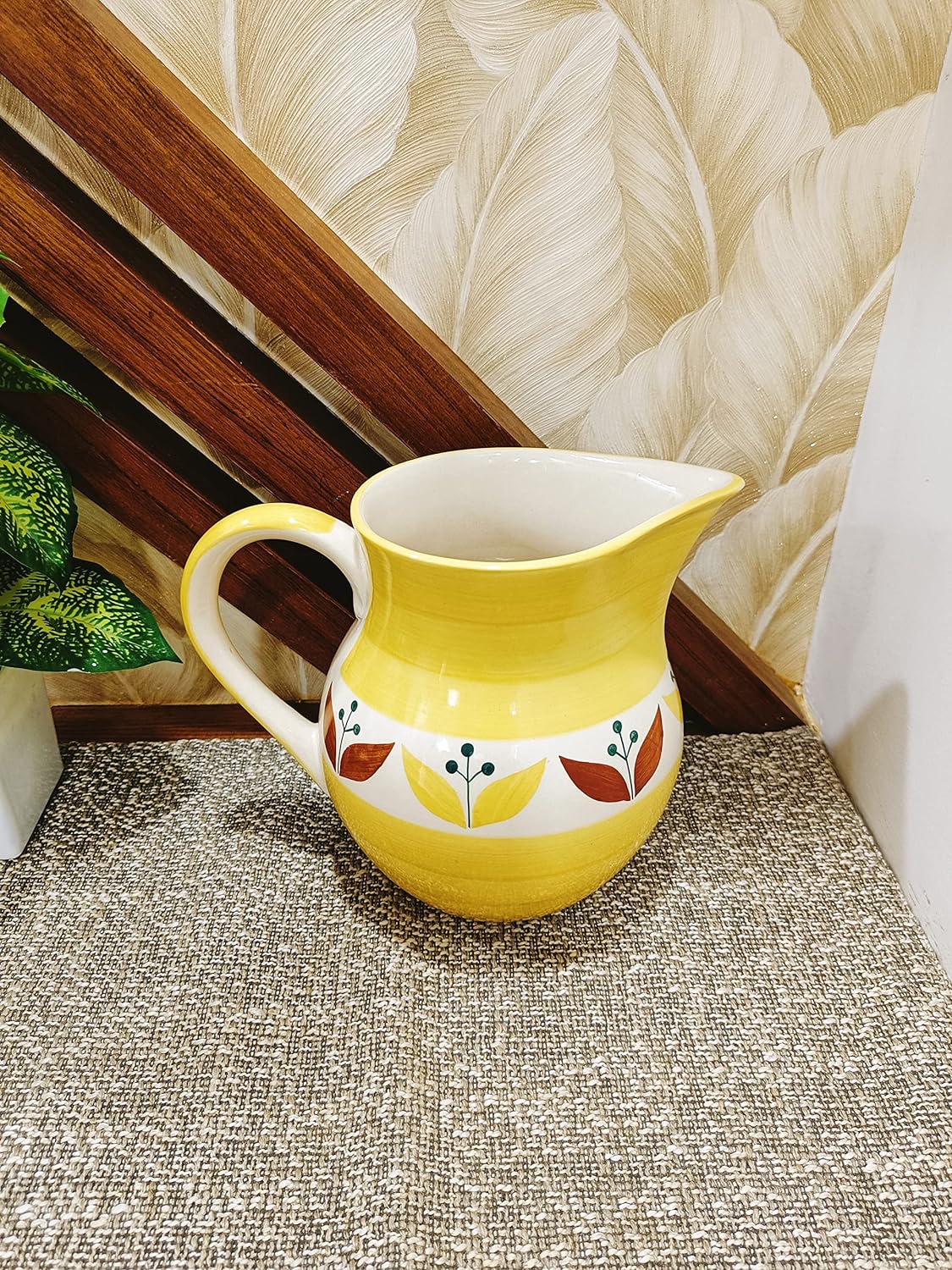 Caffeine Ceramic Handmade Stoneware Yellow Leaf Water Jug (Set of 1, 1800 ml) - Caffeine Premium Stoneware