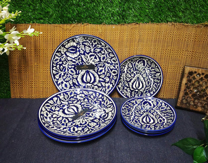 Caffeine Ceramic Handmade Blue Mughal Combo Dinner Set (15 pcs. Microwave & Dishwasher Safe)