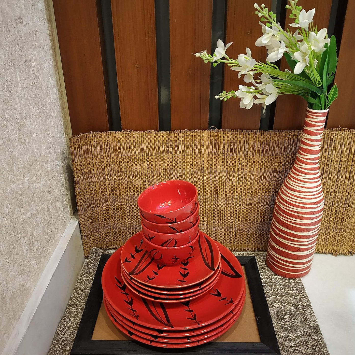 Caffeine Ceramic Handmade Red Bamboo Combo Dinner Set (12 pcs.)