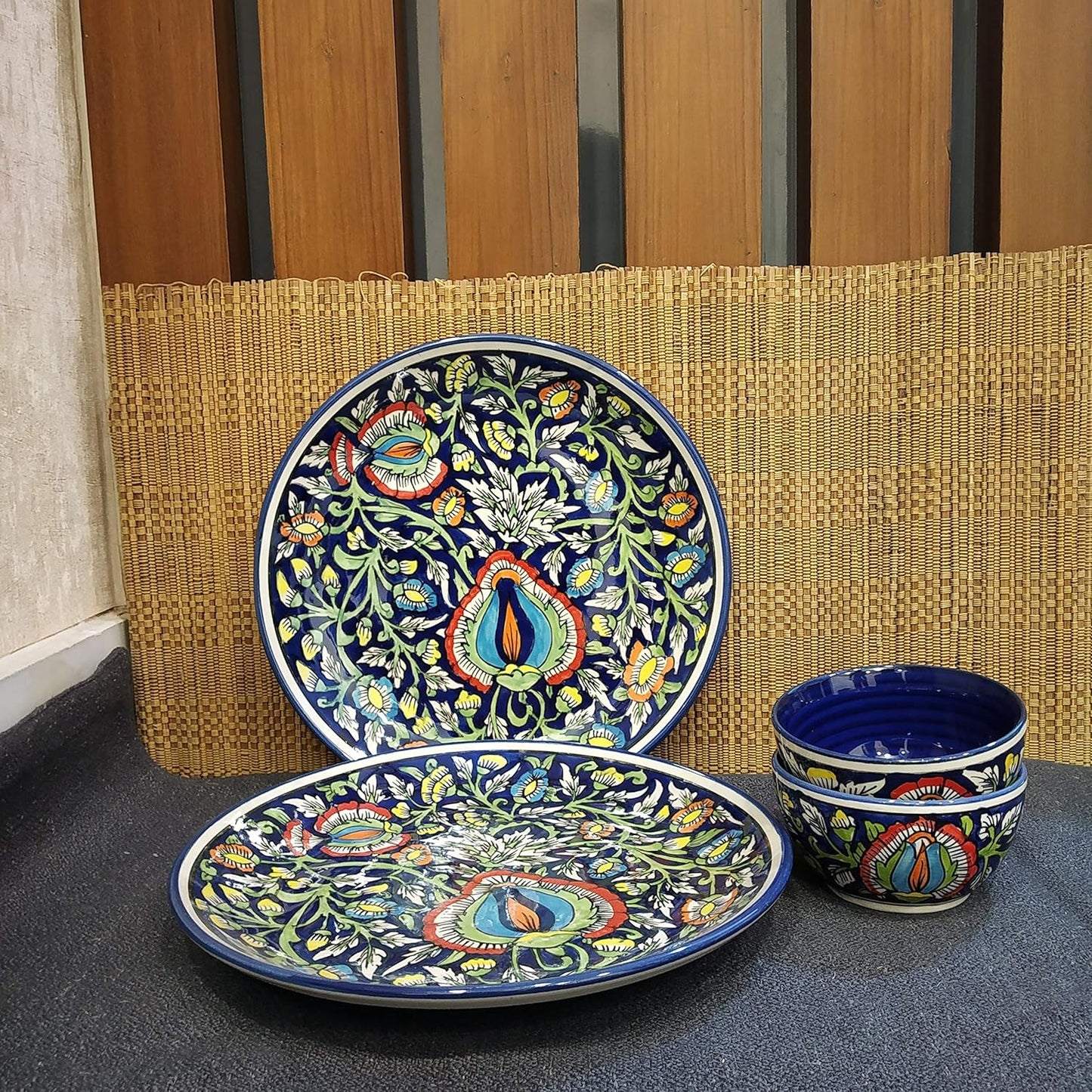 Caffeine Ceramic Handmade Blue Jaipuri Combo Dinner Set (4 pcs.)